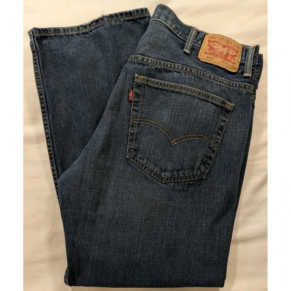 Levi's 569 Loose Straight Jeans Mens 38x30 Blue Denim Pants Distressed Hem